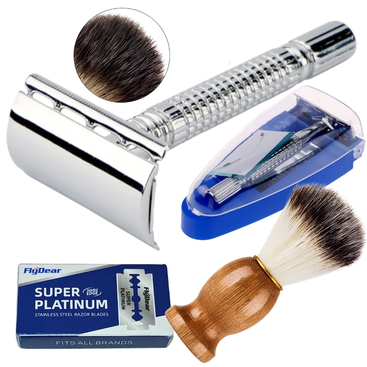 Barbierit Clasic TrioStore® Borotválkozó Készlet Rozsdamentes Acél Biztonsági Borotva 1 Pengével, Borotvapamacs Fa Nyéllel, Hagyományos Rozsdamentes Acél Borotva, Védőtok Mellékelve, Professzionális Készlet a Pontos Borotválkozáshoz