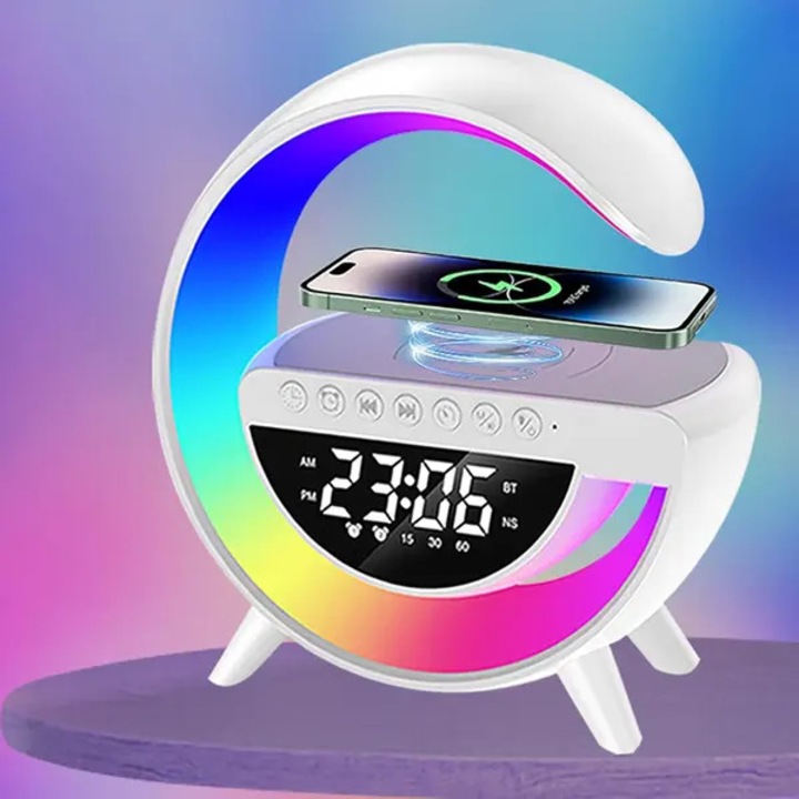Asztali lámpa vezeték nélküli töltéssel, Bluetooth hangszóróval, ébresztőórával, színes hangulatvilágítással, 1200mAh