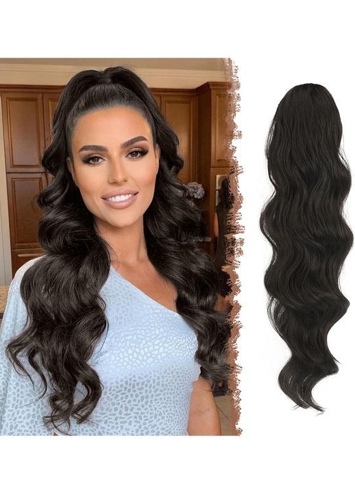 Extensie coada par FESHFEN, ondulata, prindere clema, lungime 60 cm, Par sintetic, Negru natural