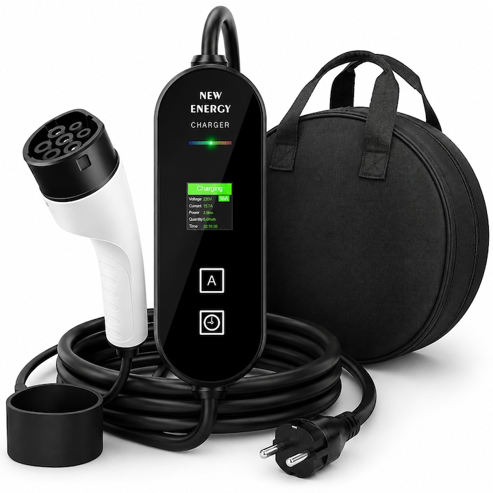 Incarcator Portabil Masina Electrica EV PHEV Auto Type 2, 3.5kW 16A 230V Monofazic, Cablu 5m Cu Stecher European, Display Color Reglaj Curent 8A 10A 13A 16A, Timer Programare IP66, Protectii Multiple Plug Play, Geanta Depozitare, Negru Alb, COMPANIERO