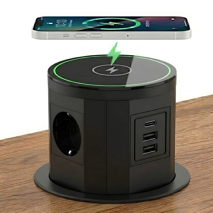 Priza Incorporabila in Blat Telescopica ATOMKIT® One-A, Incarcare Wireless 15W, 2 Prize Schuko, 1x USB-C, 2x USB-A, 2500W, 16A, Rotunda, Moderna, Negru