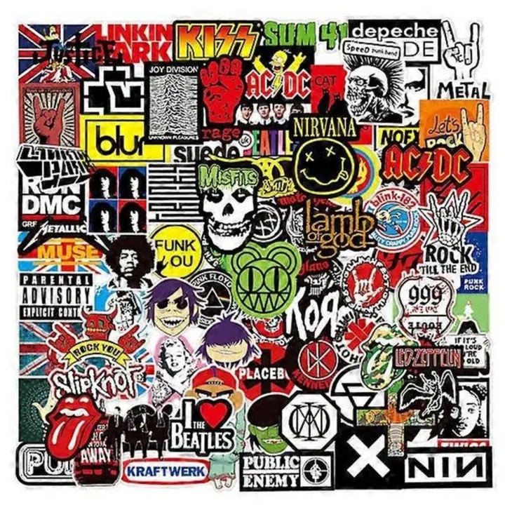 200 db rock and roll punkrock matrica szett, többszínű, 5x5cm, vízálló PVC