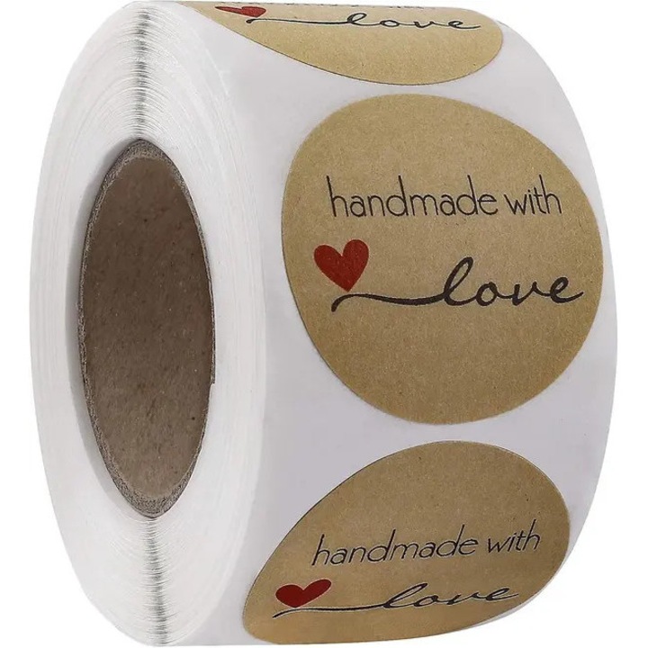 Etichete autoadezive rotunde handmade cu inima rosie 2,5cm set 500 buc