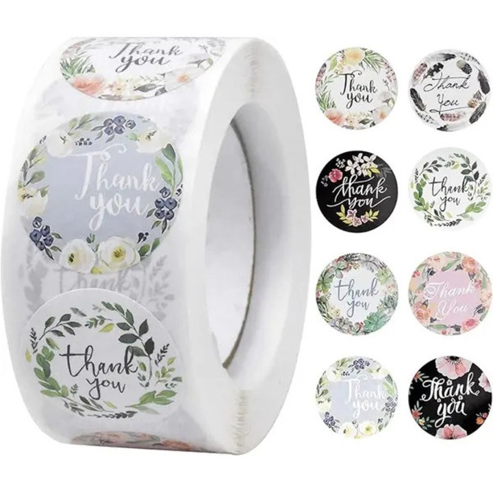 Etichete autoadezive rotunde, 500 buc, design floral, multicolor, 2.5cm diametru