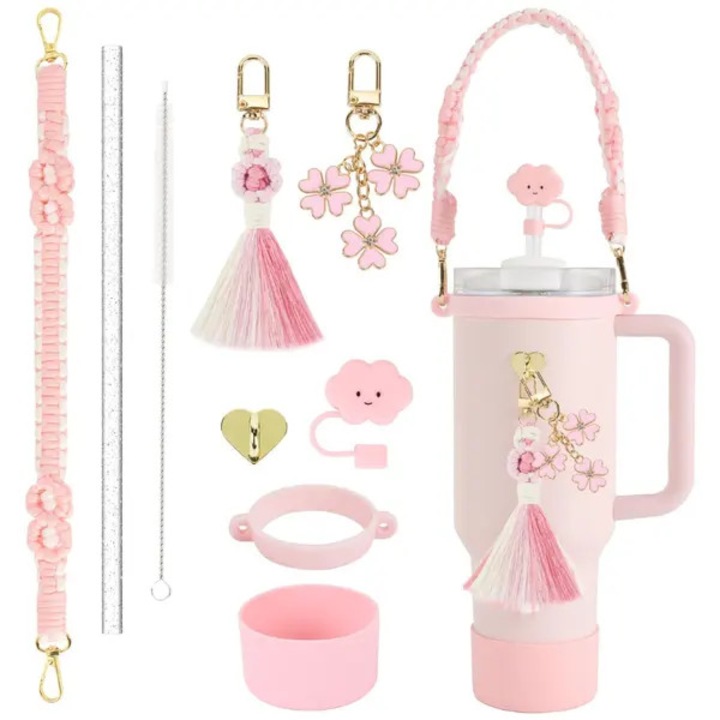 Set accesorii pentru cana termo 20-40oz, silicon roz deschis, 9 piese
