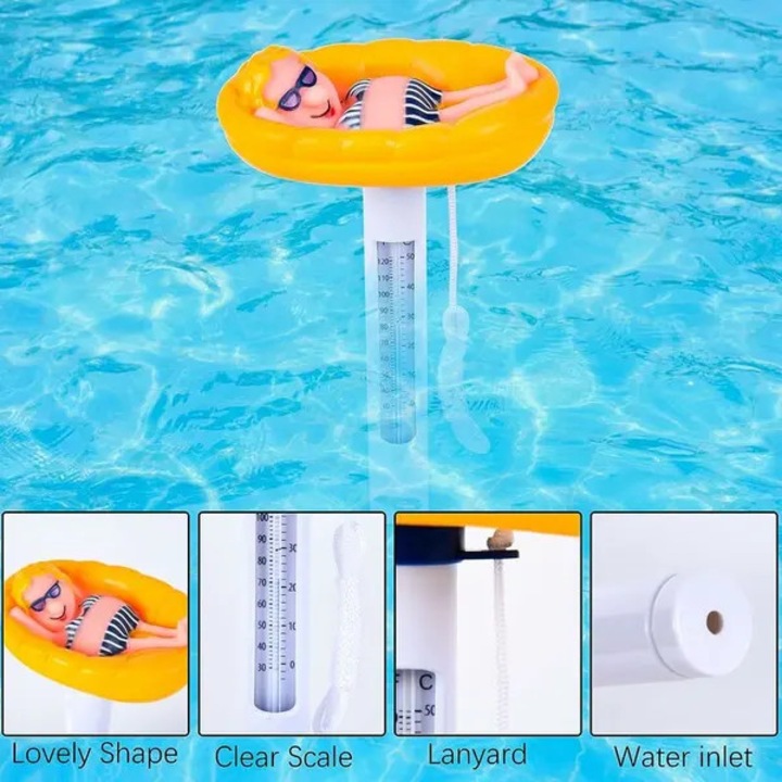 Termometru lichid pentru piscina, forma animal, cu snur, multicolor
