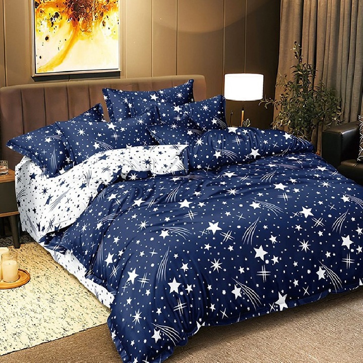 Dupla ágyneműhuzat, szatén pamut, Star Comet Blue, 4 részes