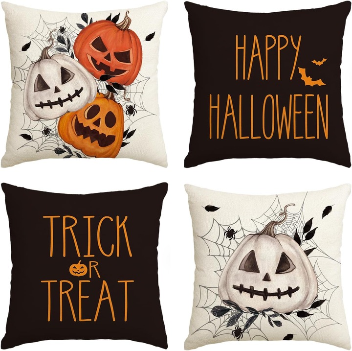 Halloween dekoratív párnahuzatok, Artoid Mode, 4 db, 45 x 45 cm, narancssárga, poliészter, rejtett cipzárral, pókháló mintával és