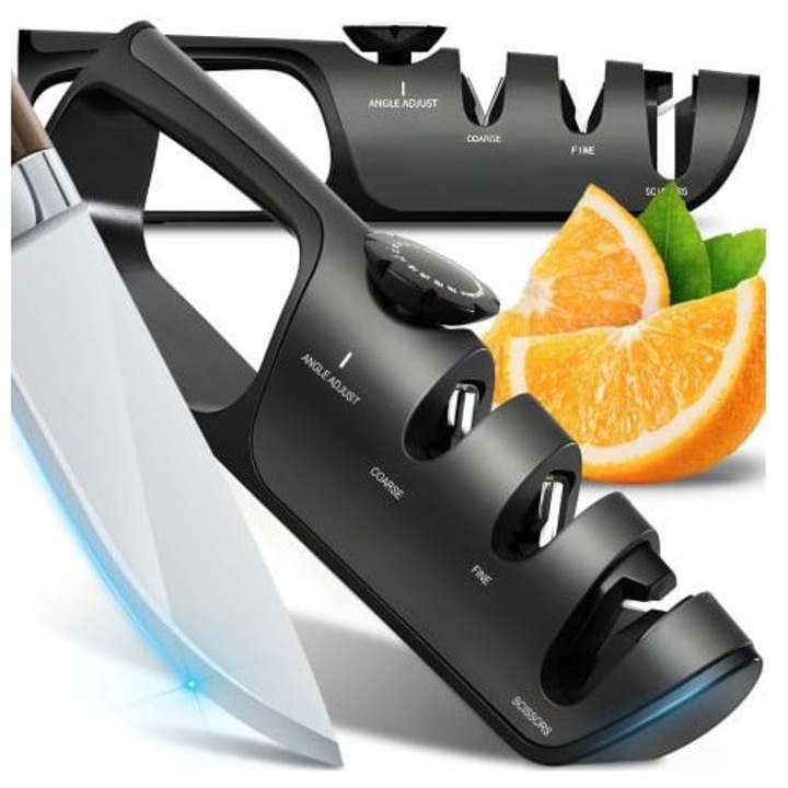 Ascutitor Cutite Profesional 3 in 1, Unghi Reglabil 14°-24°, Fanta pentru Foarfeca, Sistem de Ascutire in 3 Etape, Ventuza Puternica, Pentru Bucatarie, Atelier si Pescuit