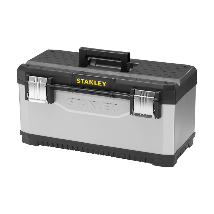 Cutie de depozitare metalica STANLEY Fatmax 1-95-616 - 58,4 x 29,5 x 29,3 cm, 23 inch, cutie de scule din metal rezistenta, pentru regim greu, cu tava cu sacosa detasabila, capacul intarit ii permite sa fie utilizata ca treapta sau scaun robusta