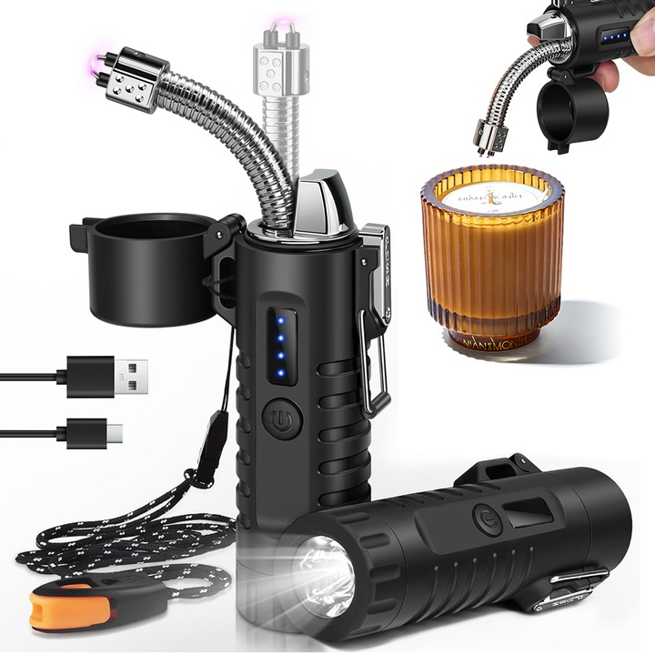 Bricheta electrica, Juksun, Bricheta Electrica cu Lanterna 360°, Cu Suier si Cordon USB-C, incarcare rapida via USB, Afisaj Baterie, arc dublu antivant, Pentru lumanari, camping, aventuri in aer liber, Negru