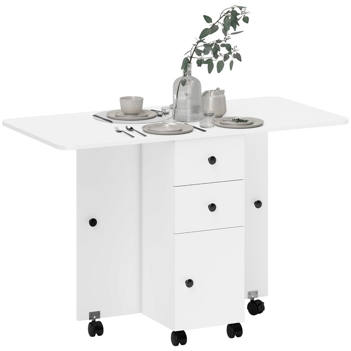 Сгъваема кухненска маса Homcom, ПДЧ, 2 чекмеджета и шкаф с врата, на колелца, бяла, 120x60x76,5см