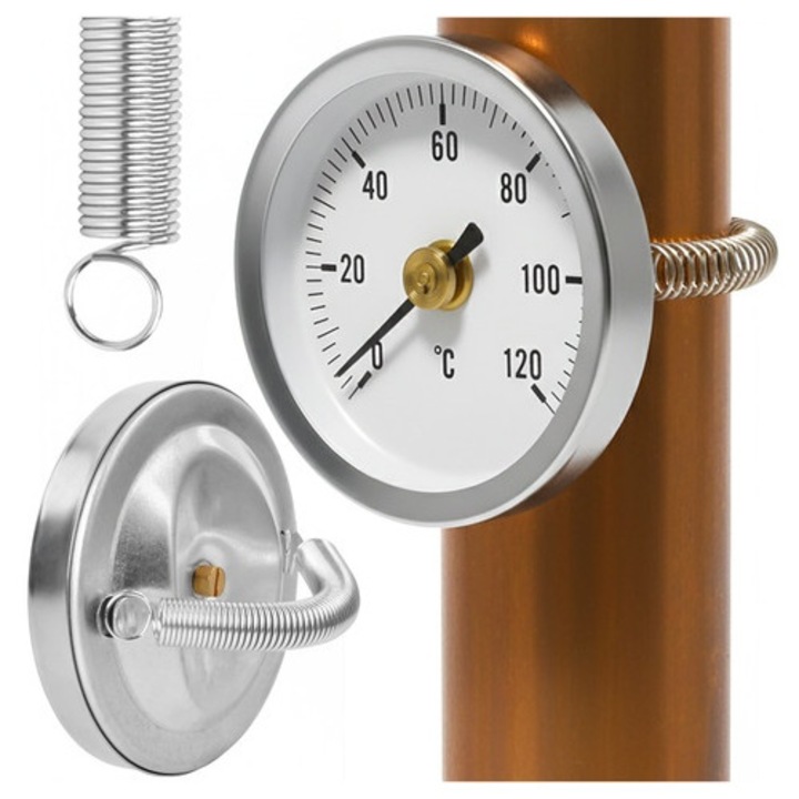 Dodaco bimetál hőmérő, rugós rögzítés, 0-120C, 6.3cm átmérő, ezüst