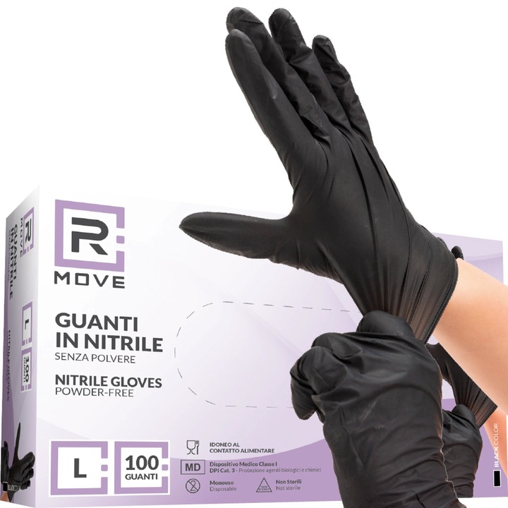 Nitril eldobható kesztyű, RMove, púdermentes, 3.5 g, 100 darab, Fekete, L méret
