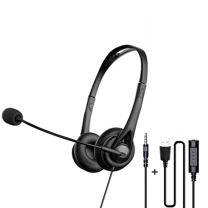 Casti cu Noise-cancelling Mic, control fir, USB, Negru