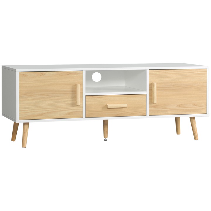 Skandináv TV szekrény, 1 fiók, 2 szekrény, fehér-szürke-fa, 120x37x45.5cm