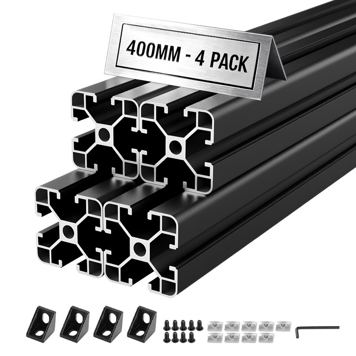 4040 T-hornyos alumínium profil, 4 darabos készlet, Hossz 40 cm 400 mm, Európai szabvány szerint eloxált, Lineáris sín 3D nyomtatóhoz és CNC-hez, Fekete