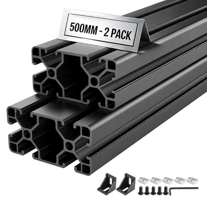 T-hornyos alumínium profil 4080, Extrudált lineáris sín 500 mm, 2 darabos készlet, Európai szabvány, Eloxált, Nagy szilárdságú, 3D nyomtatóhoz és CNC-hez, Fekete