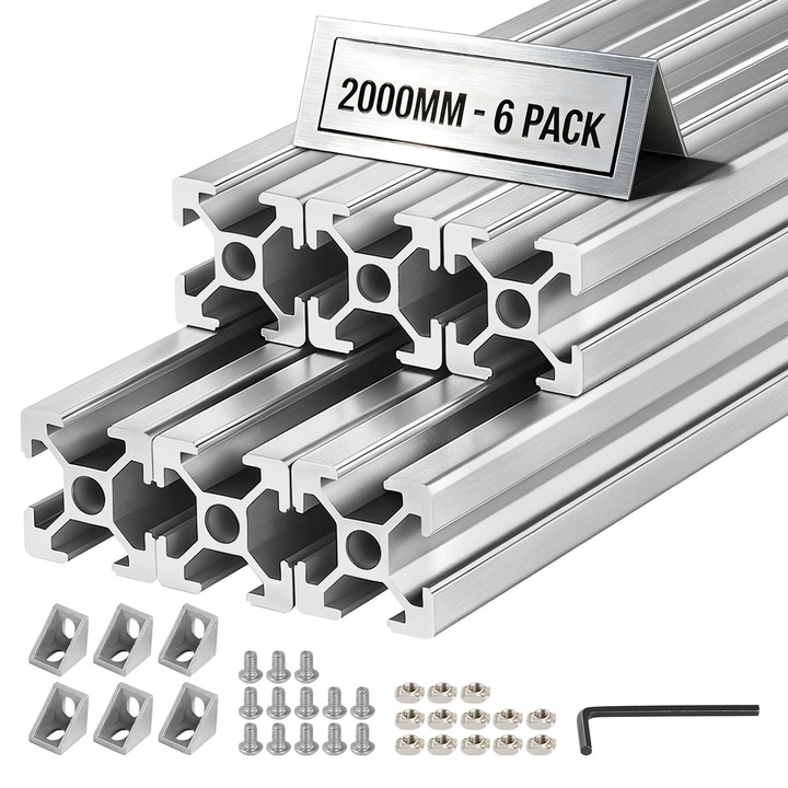 Profil aluminiu 2020 T-horony, 6 darabos lineáris sín készlet, Hossz 2000 mm (200 cm), Európai szabvány, Anodizált extrudált alumínium, 3D nyomtatóhoz és CNC-hez, Ezüst
