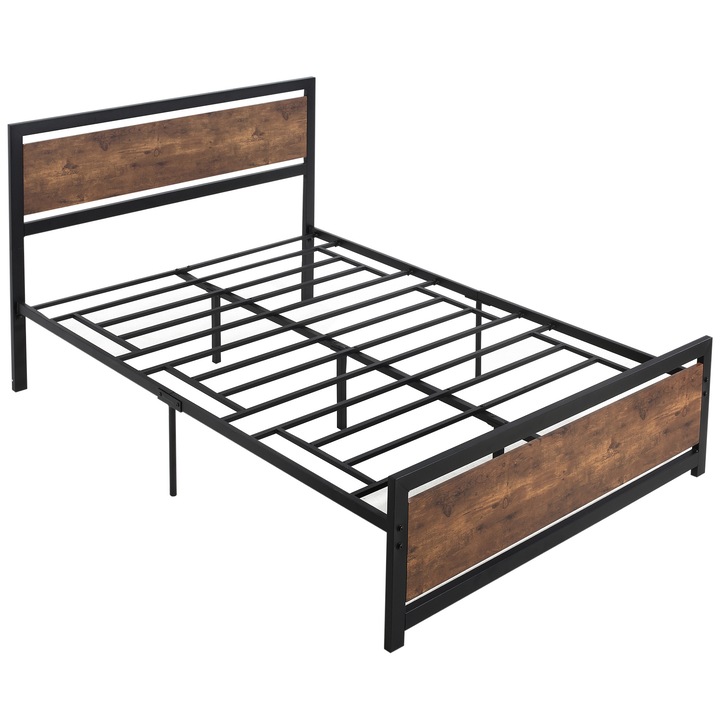 Pat dublu industrial 144x195cm, metal negru, finisaj lemn inchis, 103cm inaltime, 31cm inaltime picioare