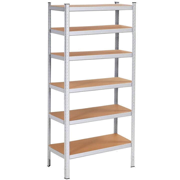 Метален стелаж за съхранение, 6 рафта, алуминий, MDF, максимум 900 кг, 225x110x50 см, регулируем, сребрист