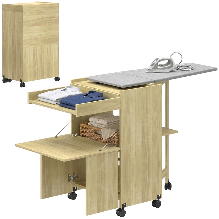 Masa de calcat pliabila cu suport haine si compartiment deschis 154x55x87 cm lemn natural