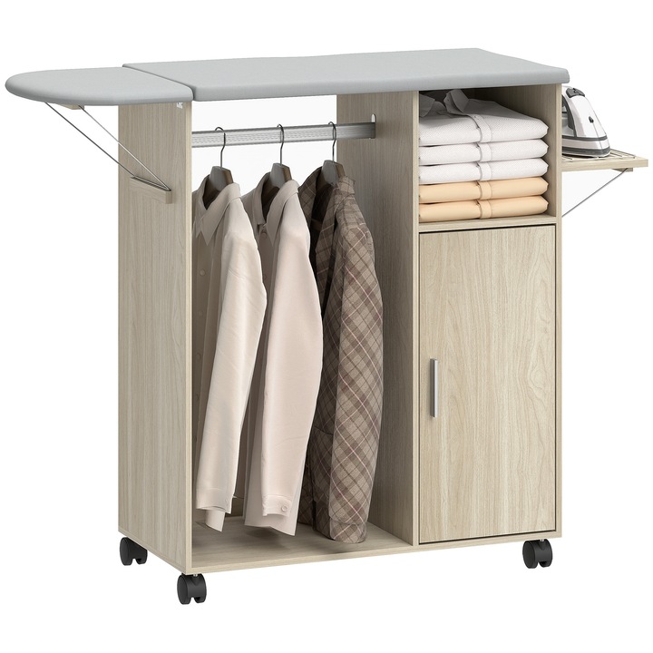 Masa de calcat cu dulap, 3 rafturi, suport umeras, multicolor, 127x42.5x99 cm
