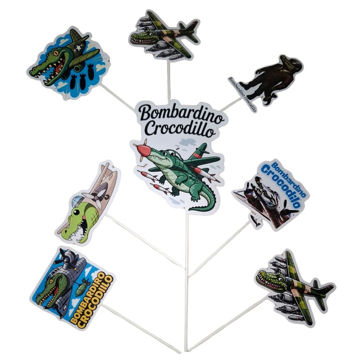 Decoratiune topper tort carton, tematica Bombardino Crocodilo, Brainroturi, aniversare - 8 piese
