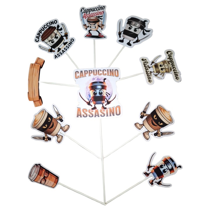 Decoratiune topper tort carton, tematica Cappucinno Assassino, Brainroturi, aniversare - 10 piese