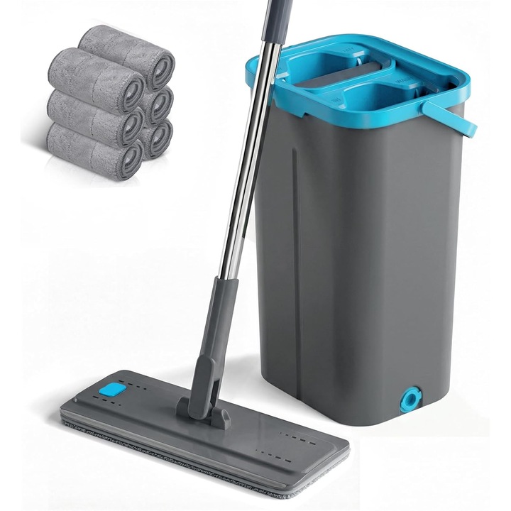 Mop lapos vödörrel, Mastertop, 6 mikroszálas felmosófej készlet, kicsavaróval, állítható nyél 79,5–140 cm, 360°-ban forgatható fej, szürke, acél