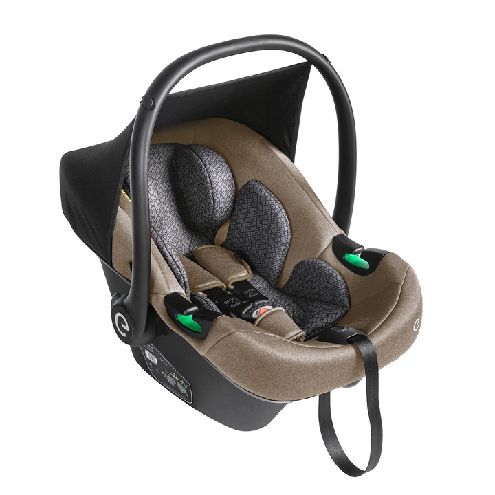 Scoica auto pentru bebelusi, Espiro Pi, beige, 0-13kg, sistem de prindere cu centura masinii, centura de siguranta in 3 puncte, certificare I-Size, spuma memory ergonomic, grupa 0+, 40-87 cm