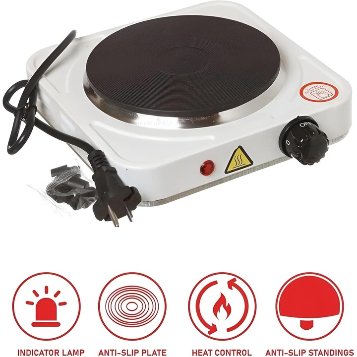 Aragaz electric portabil cu un singur arzator, fara marca, 1000 W, control al temperaturii, incalzire rapida, alb, set de 1, fonta, flacara pilot, picioare