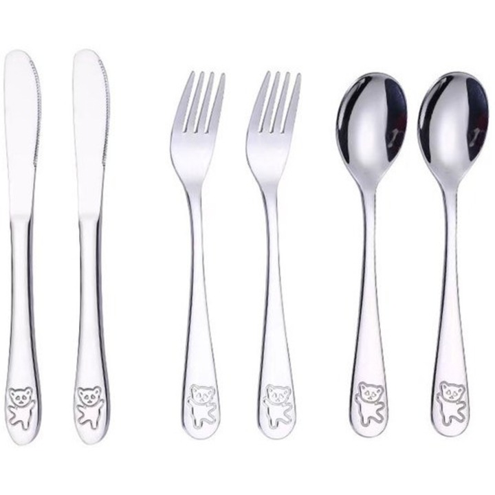Evőeszközkészlet, 6 részes, 430-as rozsdamentes acélból, maci mintával, ezüst, 16 cm