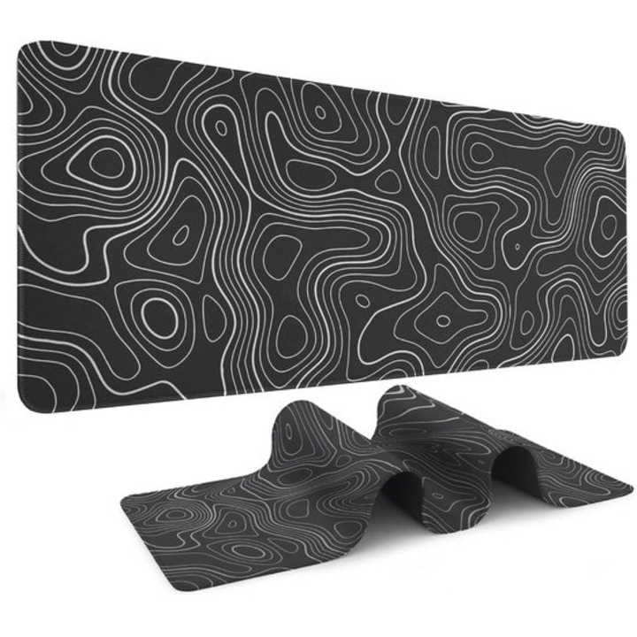 Mousepad mare pentru gaming, negru cu linii albe, 60x30x0.2cm, suport tastatura si mouse, baza antiderapanta