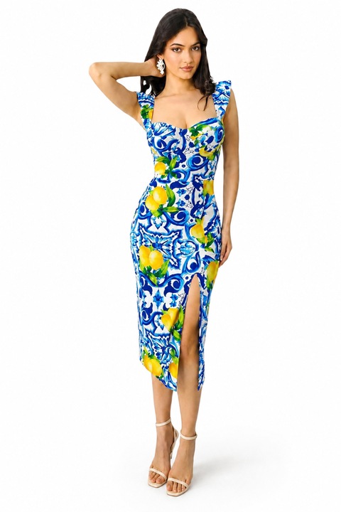 Ditsy LIME testhezálló ruha, mély slicc és citrom mintás, kék, univerzális S/M méret, FY FashionForYou