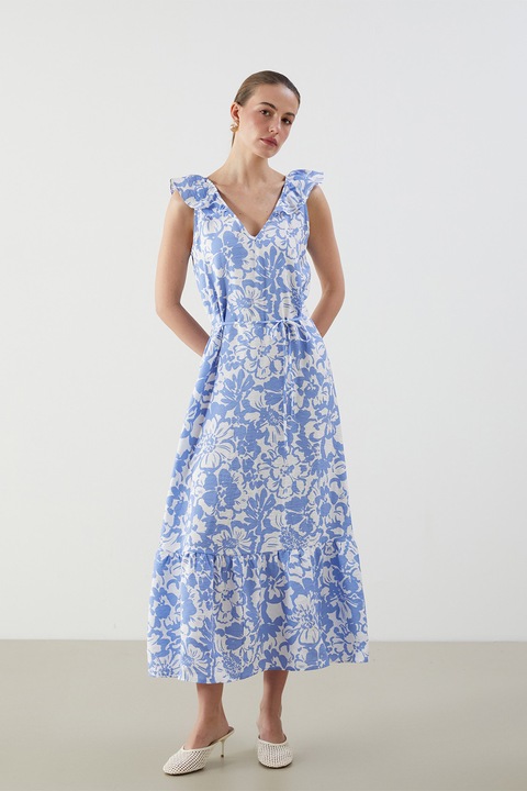 LC WAIKIKI, Rochie evazata cu decolteu in V si volane, Albastru pastel/Alb optic, M