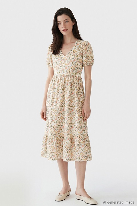 LC WAIKIKI, Rochie midi cu decolteu in V, Alb fildes/Roz somon/Verde masliniu