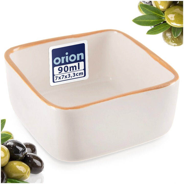 Vas Ramekin Hőálló, Orion, Négyzet, 90 ml, Fehér/Barna, Kerámia, Mini Sütőforma, Ideális Crème Brûlée-hez, Szufle-hoz, Szószokhoz, Tapasokhoz, Desszertekhez, 200°C-ig Hőálló, Mosogatógépben és Mikrohullámú Sütőben Használható, 7x7x3 cm