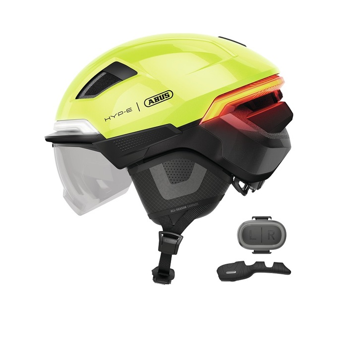 ABUS HYP-E BL.ACE sisak, Signal yellow S, 51-55 cm, LED világítás, irányjelzők, féklámpa