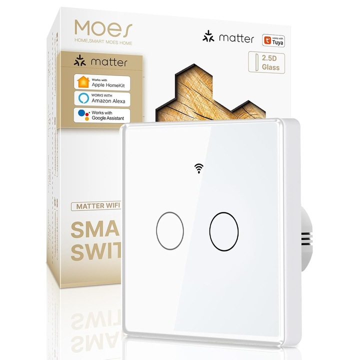 MOES intelligens dupla kapcsoló, WiFi Matter, 2 gang, Apple Home, Alexa, Google Home és SmartThings kompatibilis, süllyesztett szerelés, 2.5D üveg, fehér szín