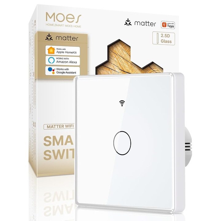 MOES okoskapcsoló, WiFi Matter, 1 csatorna, Apple Home, Alexa, Google Home és SmartThings kompatibilis, süllyesztett szerelés, 2.5D üveg, fehér szín