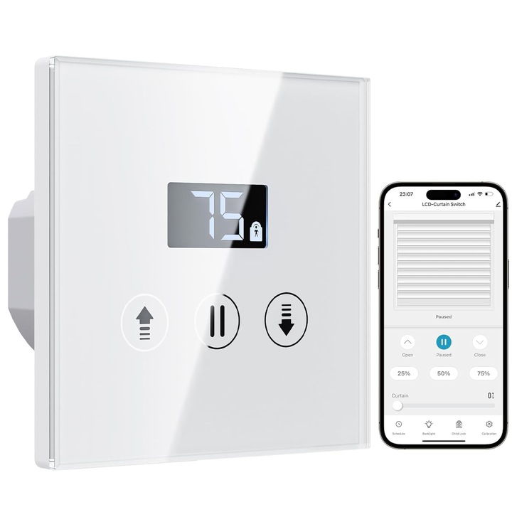 Intelligens kapcsoló redőnyökhöz/zsaluziákhoz ALLEVOI, alkalmazáson keresztüli vezérlés, Alexa és Google Home kompatibilis, gyermekzár funkció, 8 x 8 cm, Üveg és ABS, fehér szín