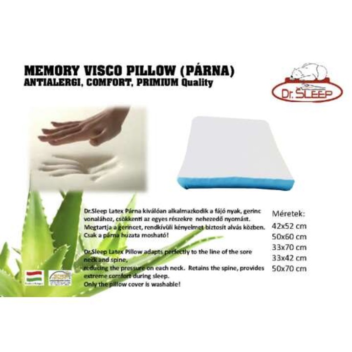 Dr Sleep memória párna, ortopédiai, 100% bio pamut, 30x62 cm