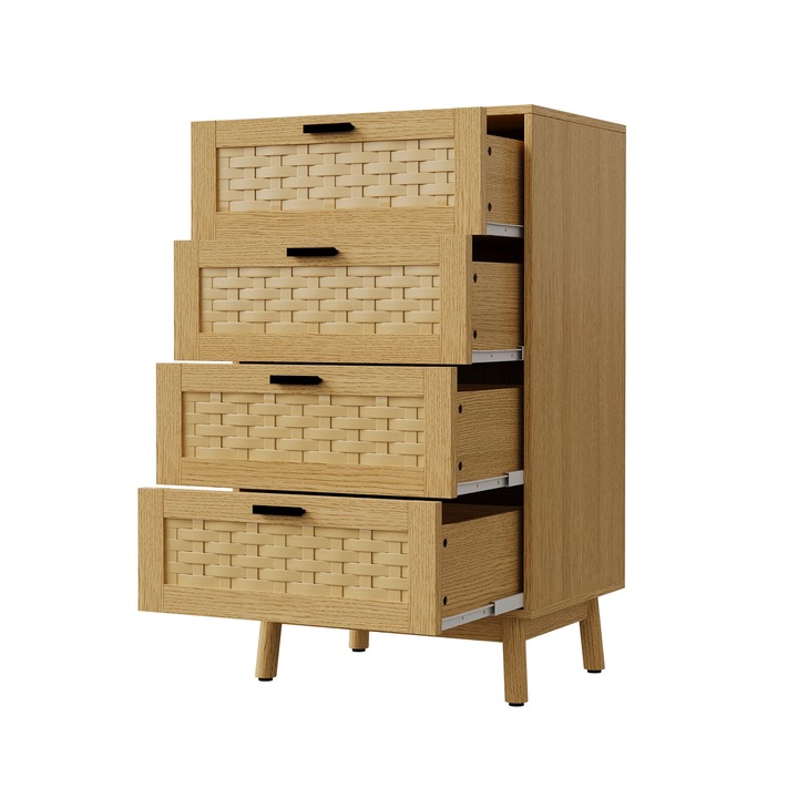 Komód, 4 Fiókos, Rattan Design, Gumifa Lábak, MDF, 50x40x95 cm, Natúr