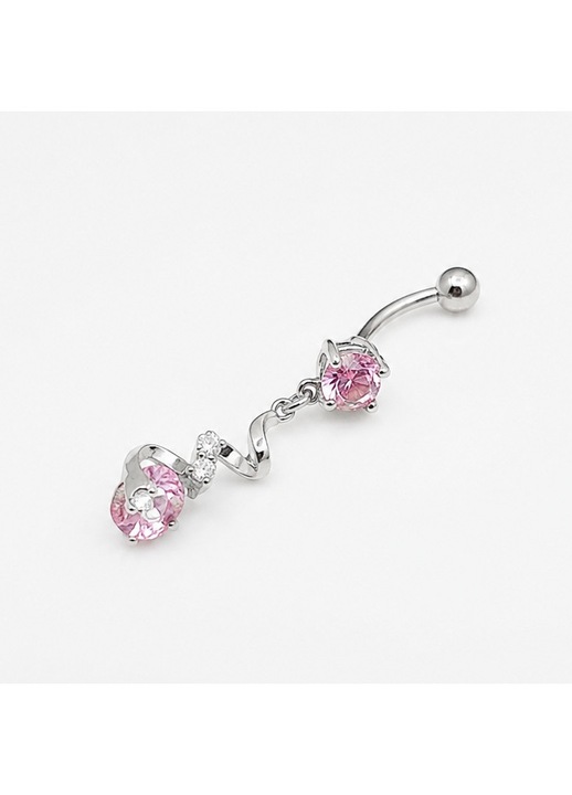 Piercing de buric din inox design spirala cu pietre roz de zirconiu, lungime 5,2 cm Doris