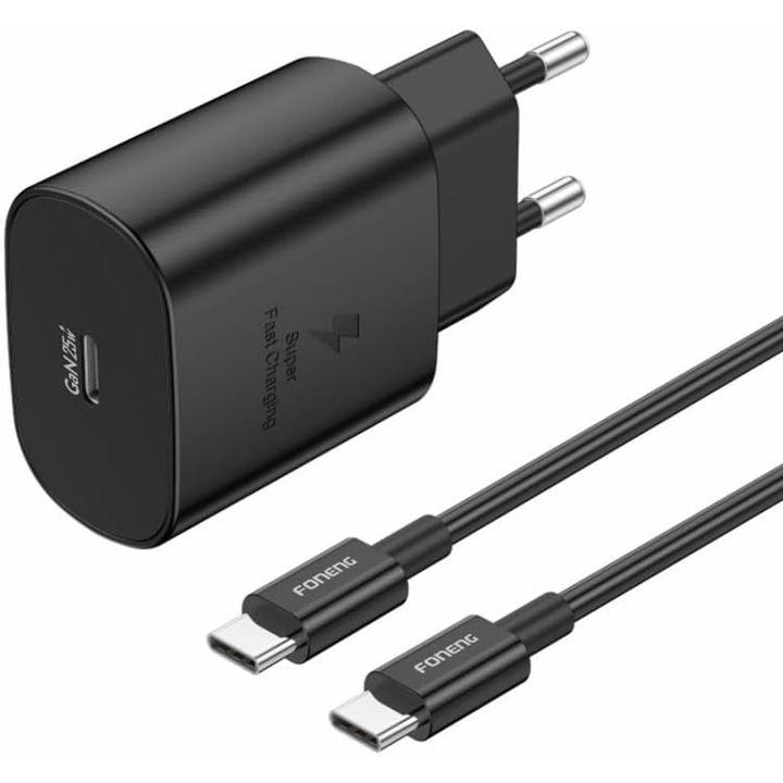 1TECH Foneng EU51 gyors hálózati töltő, GaN technológia, 25W, Power Delivery (PD), USB-C port, USB-C-ről USB-C-re kábel mellékelve, Fehér