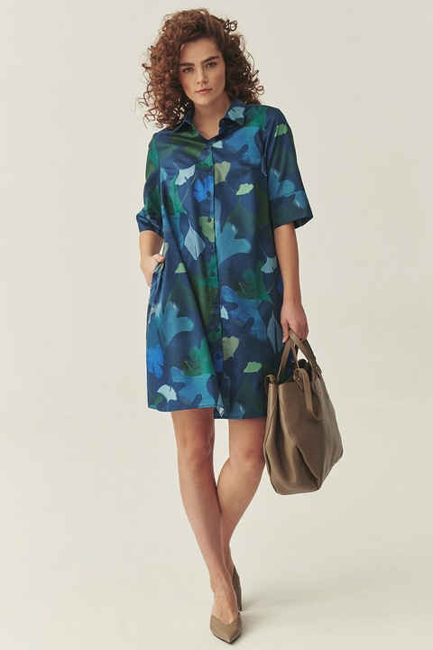 Tatuum, Rochie-camasa scurta din bumbac, Verde padure/Albastru royal/Bleumarin