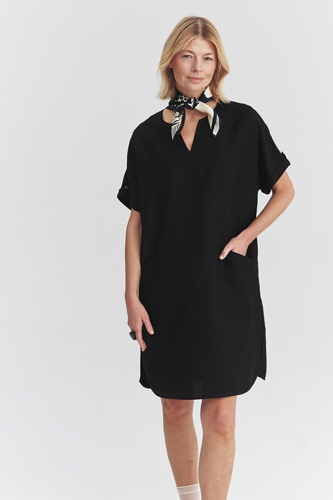 Tatuum, Rochie scurta din amestec de in cu buzunare, Negru