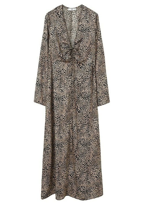 Rochie Midi femei, Mango, Animal Print, cu Decolteu Drapat si Maneci Lungi, Animal print