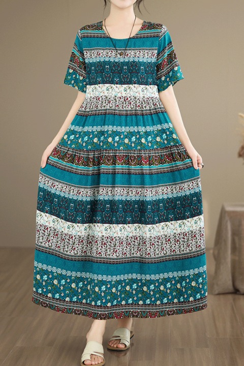 Rochie Maxi Dama Boho Florala Multicolora, Croiala Lejera Oversize, Maneca Scurta, One Size (Recomandata pentru 65-70 kg), Casual de Vara, Albastru Inchis, PriStyle®